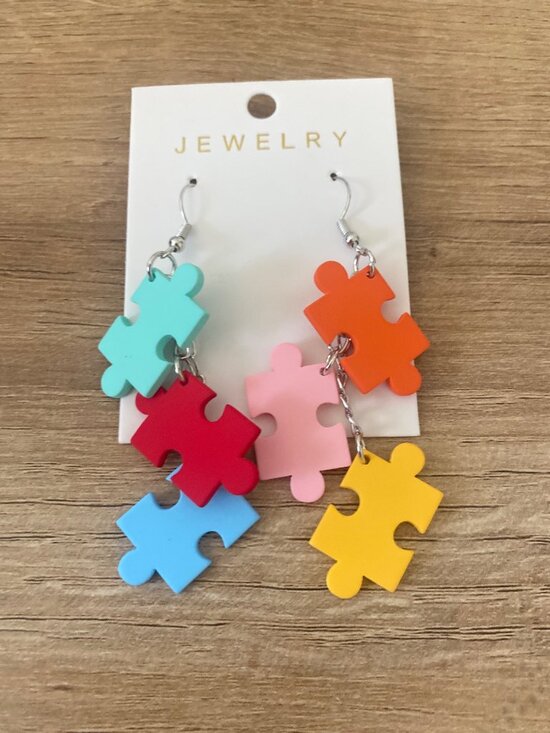 Unbranded Jewelry - New Colorful Puzzle Piece Dangle Autism Earrings 3.5"